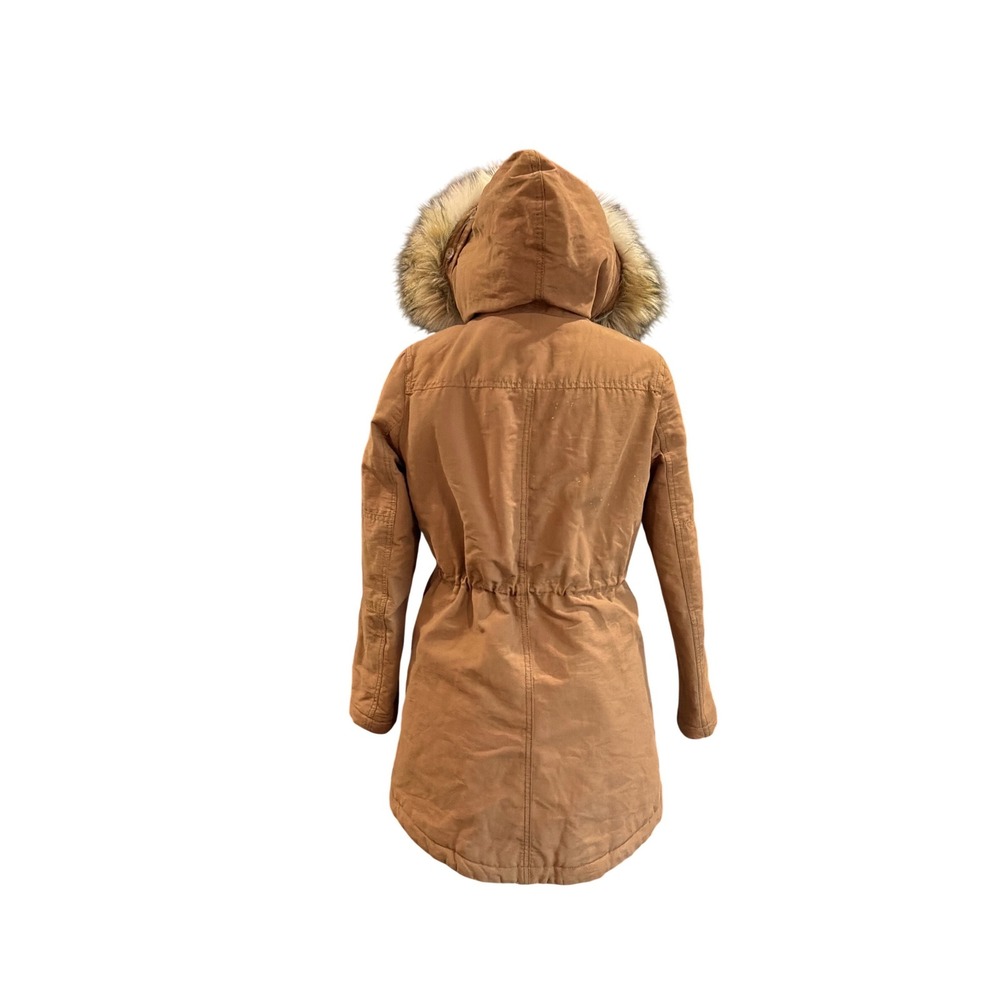 American Eagle Tan Utility Parka Jacket Sherpa Lined Faux Fur Hood Womens XS - Picture 2 of 7
